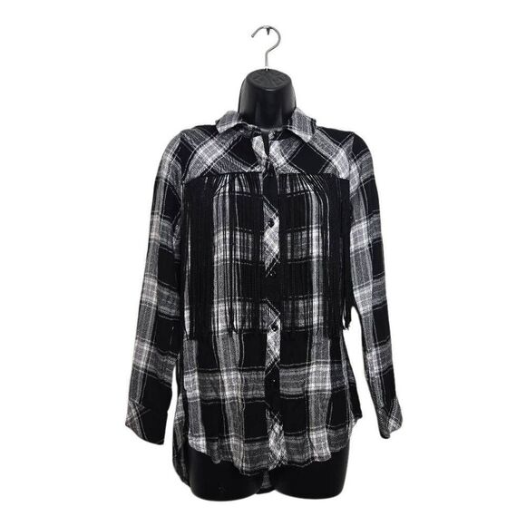Rails Plaid Western Button Down Size Small Fringe Top Shirt Black White - Picture 1 of 6